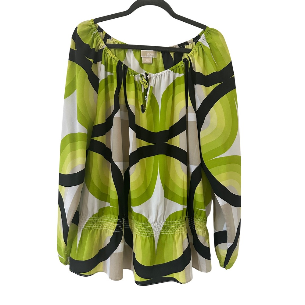 Michael Kors Green Black Geometric‎ Peasant Smocked Peplum Top 2X 70s Retro